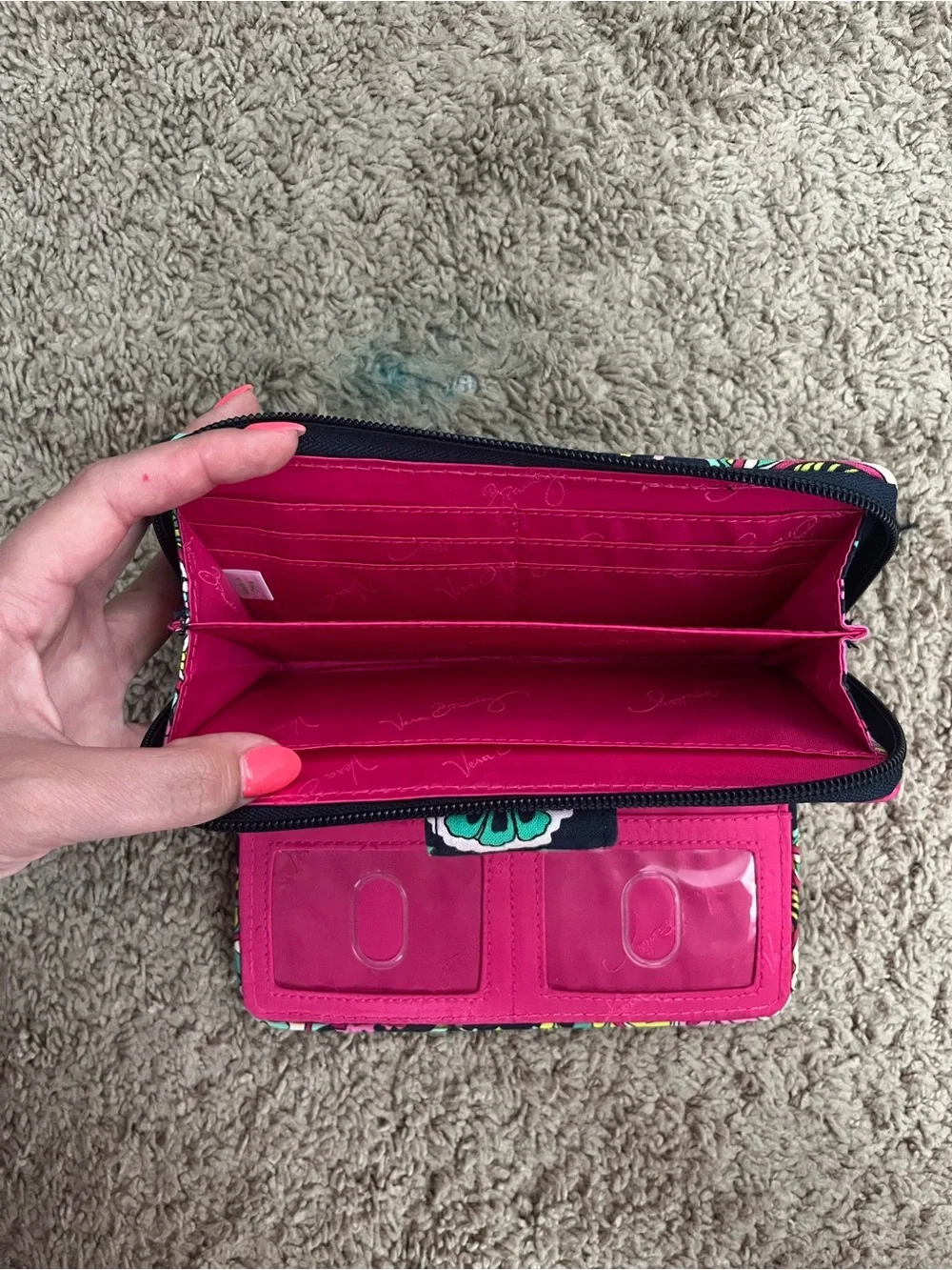 Vera Bradley Teal Navy Floral Quilted Wallet with Pink & Green Accents